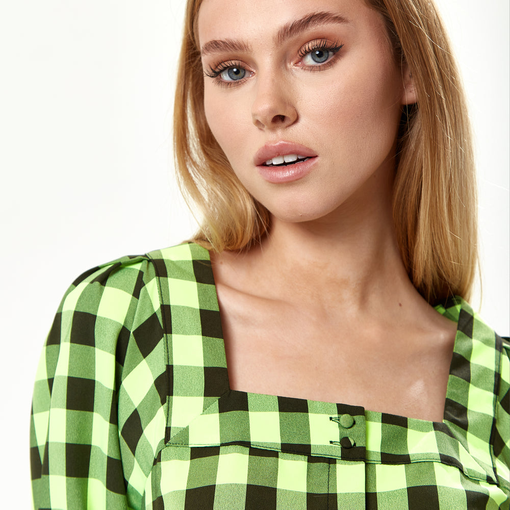 Women's Mini Dress with Puff Sleeves in Neon Green Gingham, Button-Up Liquorish Online Women's Mini Dress with Puff Sleeves in Neon Green Gingham, Button-Up Liquorish Online