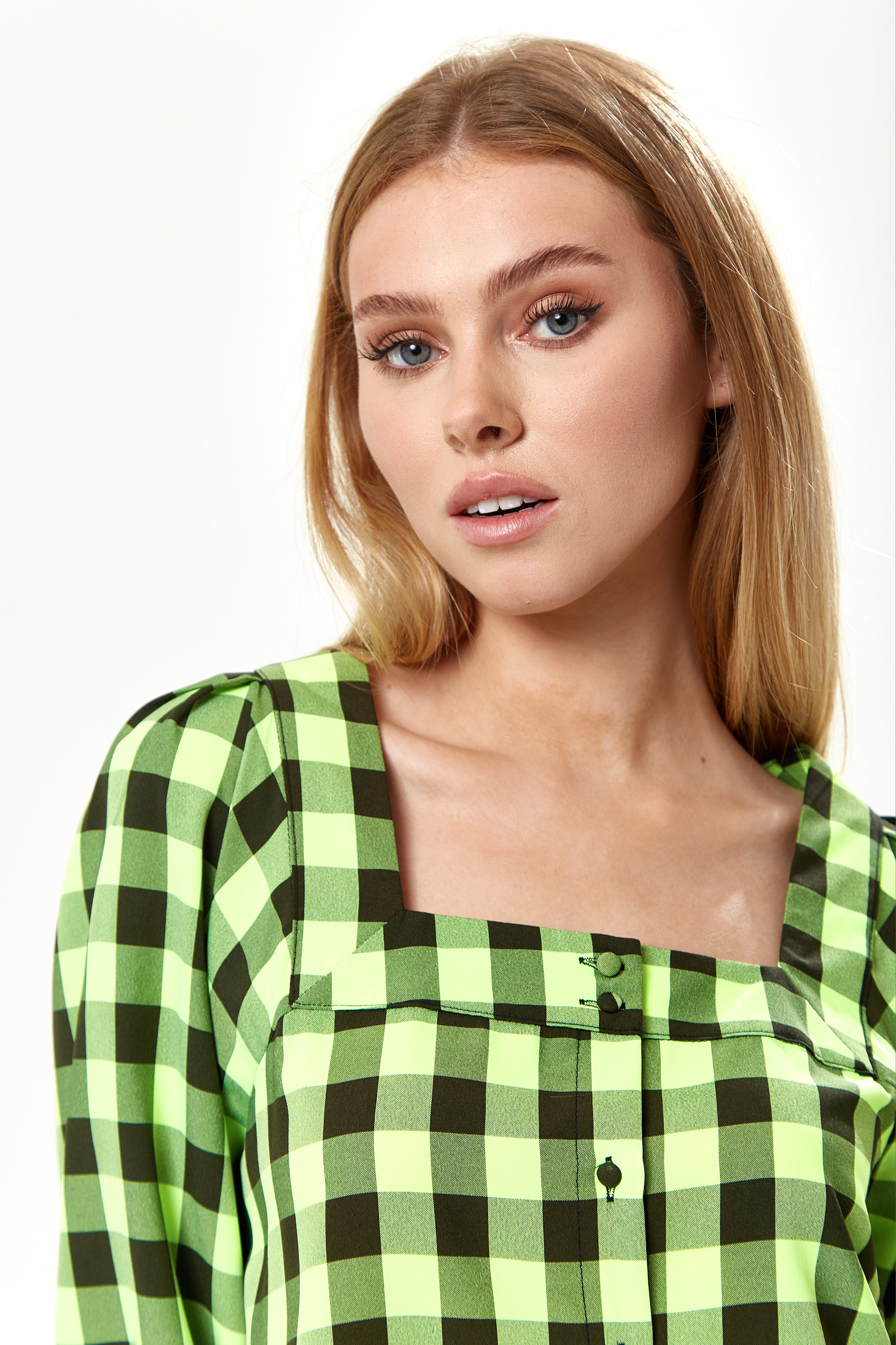 Women's Mini Dress with Puff Sleeves in Neon Green Gingham, Button-Up Liquorish Online Women's Mini Dress with Puff Sleeves in Neon Green Gingham, Button-Up Liquorish Online