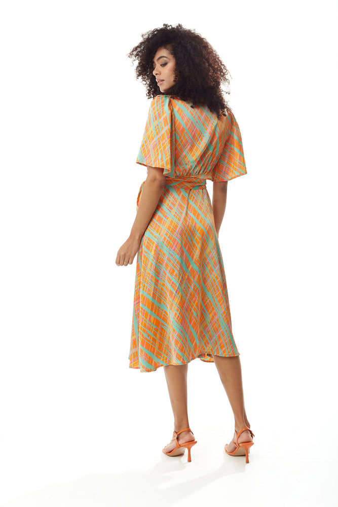Liquorish Midi Wrap Dress in Orange Scribble Print