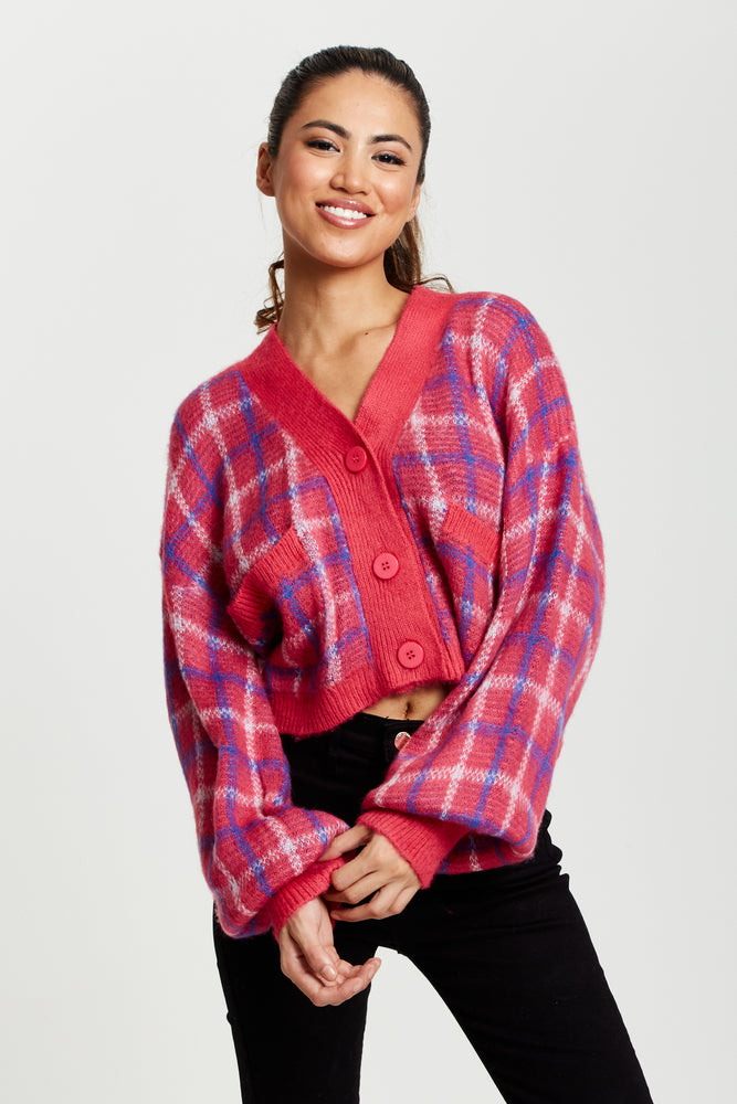 Liquorish Check V Neck Button Down Cardigan In Pink Liquorish Online