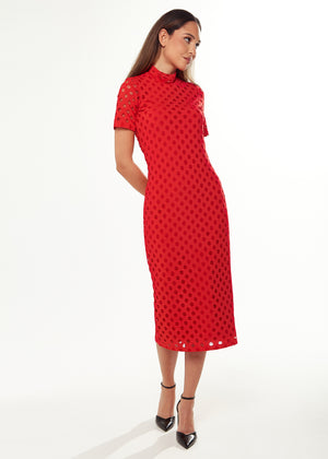 Liquorish Midi Dress with High Neck, Short Sleeves and Open Back Detail in Red