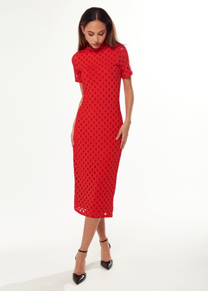 Liquorish Midi Dress with High Neck, Short Sleeves and Open Back Detail in Red