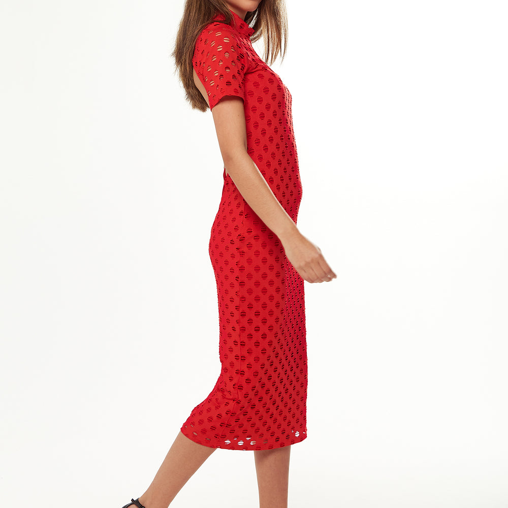 
                  
                    Liquorish Midi Dress with High Neck, Short Sleeves and Open Back Detail in Red
                  
                