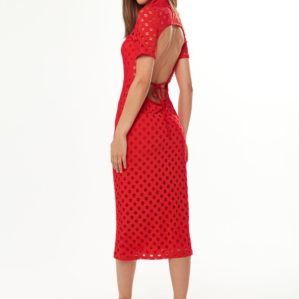 
                  
                    Liquorish Midi Dress with High Neck, Short Sleeves and Open Back Detail in Red
                  
                