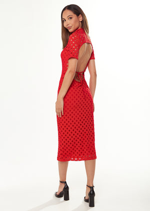 Liquorish Midi Dress with High Neck, Short Sleeves and Open Back Detail in Red