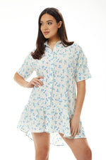 Liquorish Blue Floral Mini Shirt Dress in White