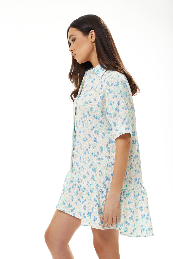 Liquorish Blue Floral Mini Shirt Dress in White