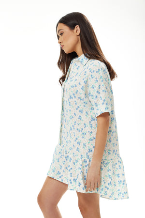 Liquorish Blue Floral Mini Shirt Dress in White