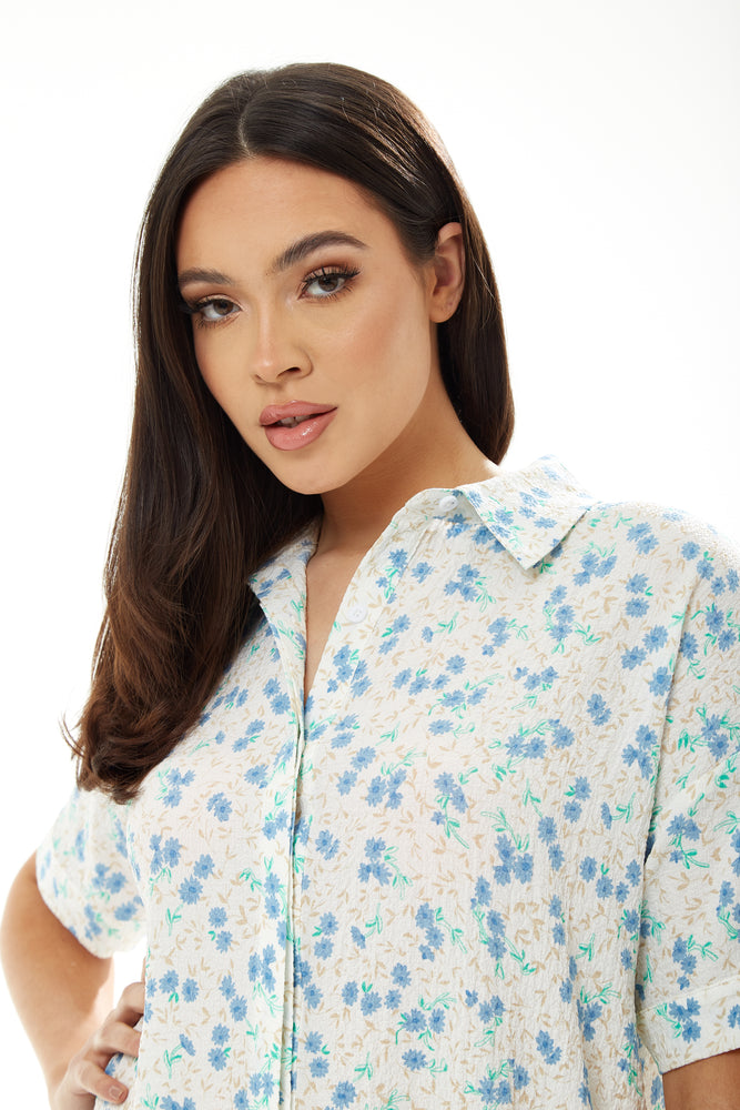 Liquorish Blue Floral Mini Shirt Dress in White