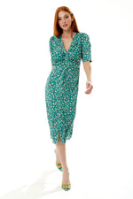 Liquorish Stroke Print Knot Front Dress in Green