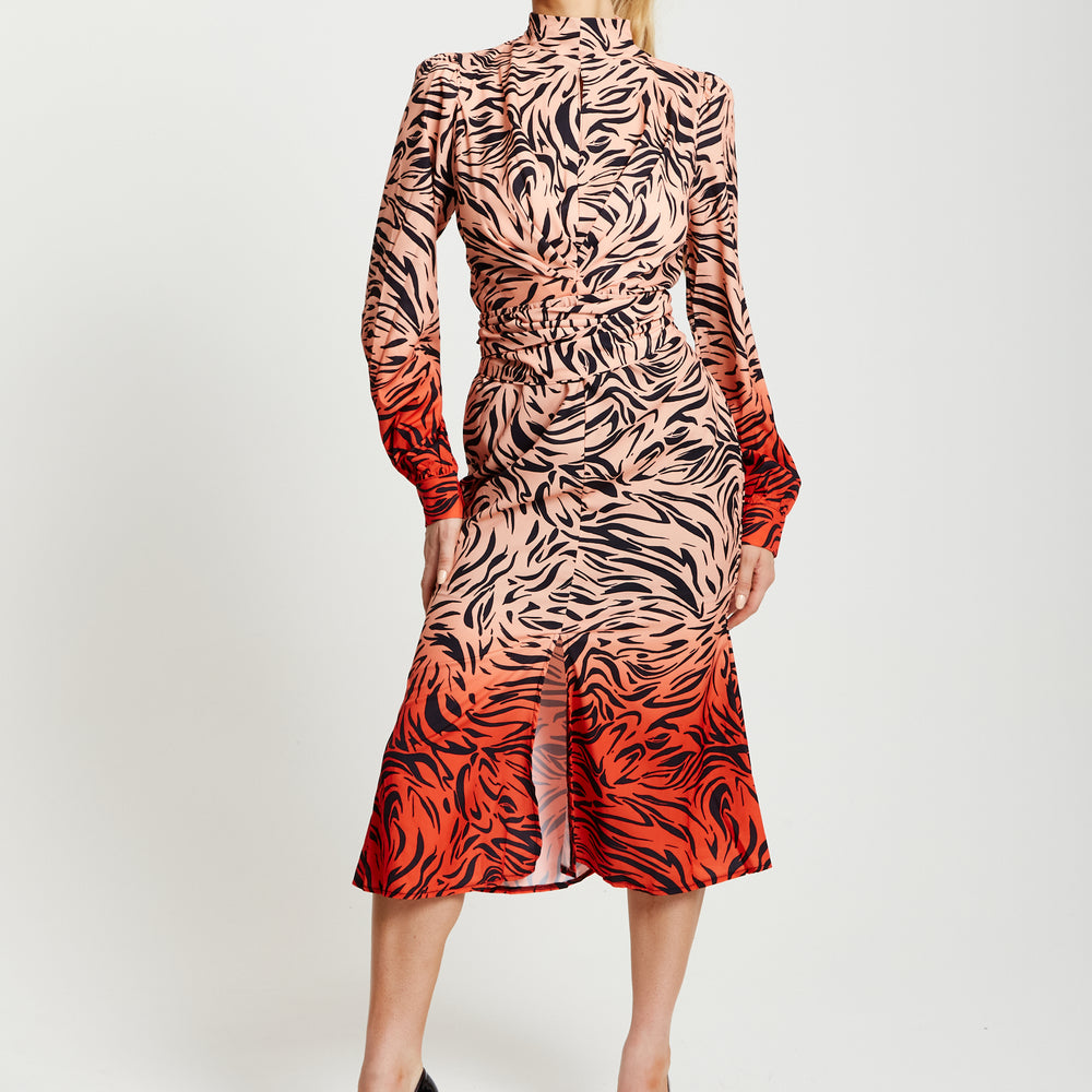 
                  
                    Liquorish Zebra Print Midi Dress With High Neck And Draped Waist Detail In Orange And Nude
                  
                