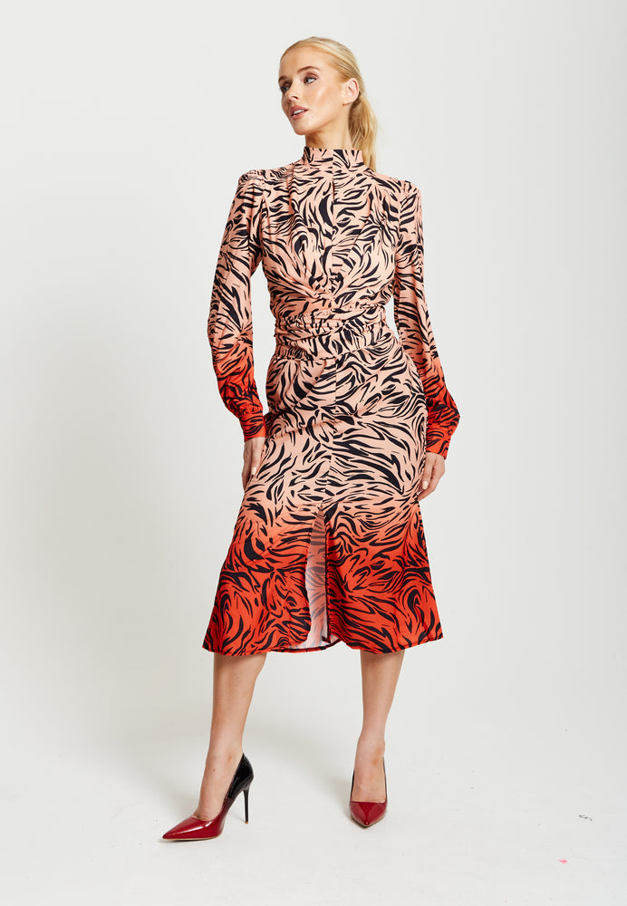 Liquorish Zebra Print Midi Dress With High Neck And Draped Waist Detail In Orange And Nude