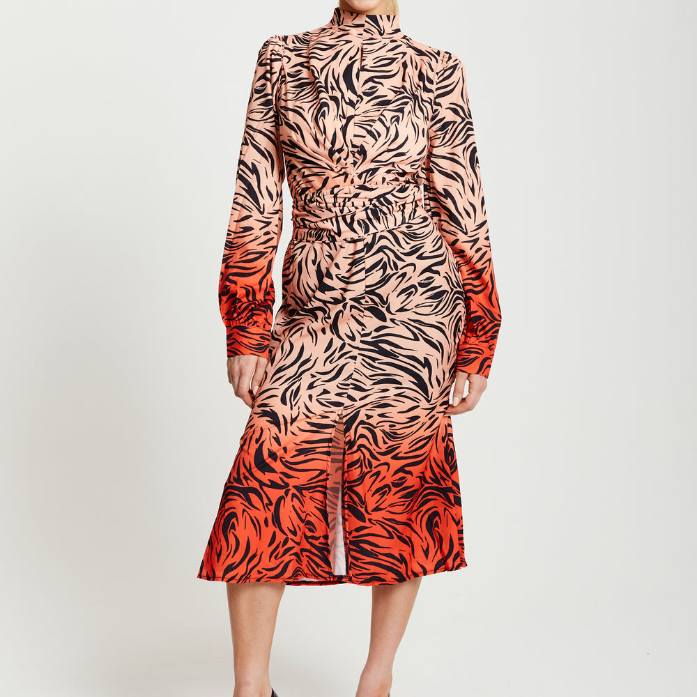 
                  
                    Liquorish Zebra Print Midi Dress With High Neck And Draped Waist Detail In Orange And Nude
                  
                