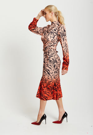 Liquorish Zebra Print Midi Dress With High Neck And Draped Waist Detail In Orange And Nude