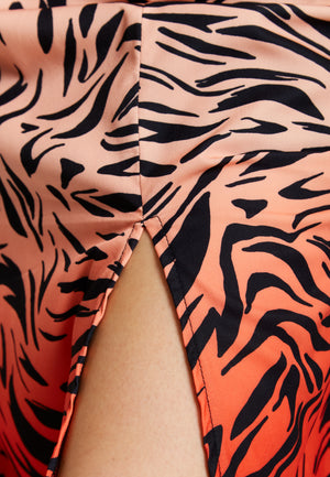 Liquorish Zebra Print Midi Dress With High Neck And Draped Waist Detail In Orange And Nude