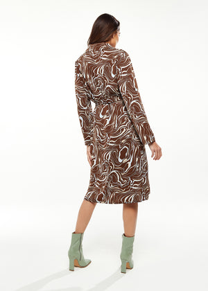 Liquorish Scribble Print Midi Shirt Dress in Brown