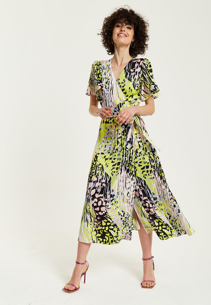 Liquorish Multicolour Abstract Print Midi Wrap Dress