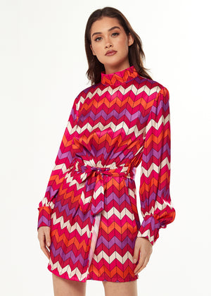 Exclusive Liquorish Zig Zag Print Mini Dress with Gathered Waist in Warm Tones