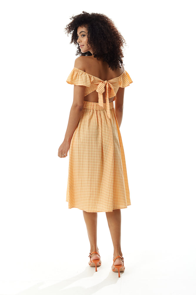 Liquorish Cut out back Midi Dress in Orange Gingham