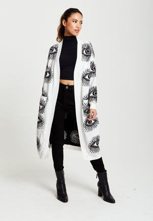 Liquorish Eye Pattern Longline Cardigan In White