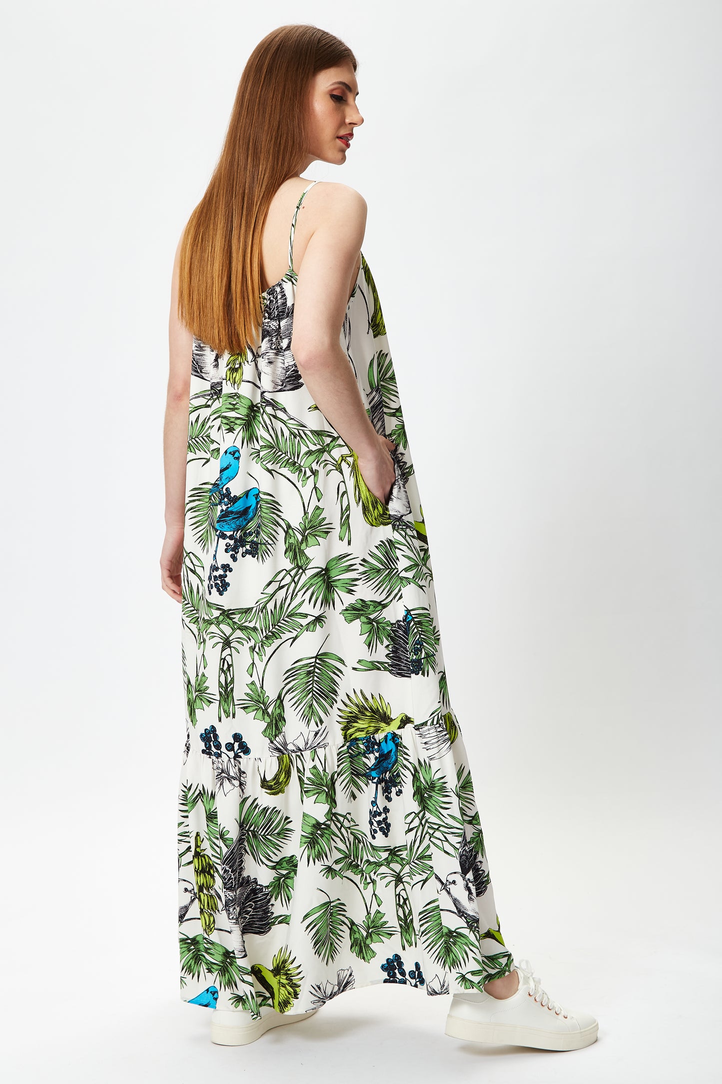 
                  
                    Women’s Maxi Dress with Adjustable Straps in Contrast Floral and Bird Print - Relaxed Fit, Loose Cut, 100% Polyester - Liquorish
                  
                