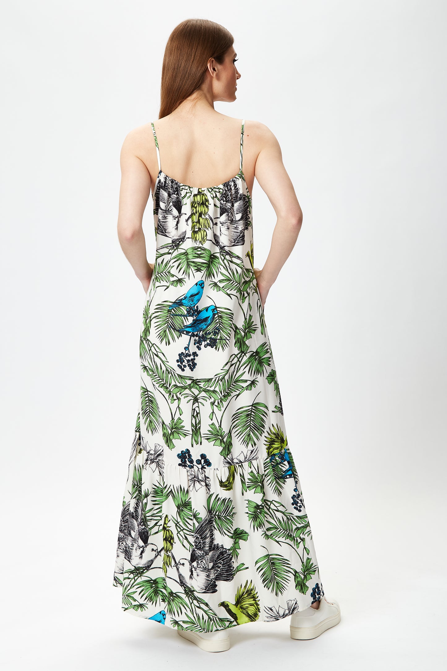 
                  
                    Women’s Maxi Dress with Adjustable Straps in Contrast Floral and Bird Print - Relaxed Fit, Loose Cut, 100% Polyester - Liquorish
                  
                