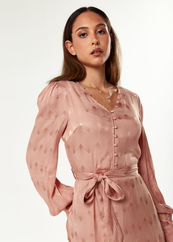 Liquorish 70s Style Jacquard Dress In Nude With Slit