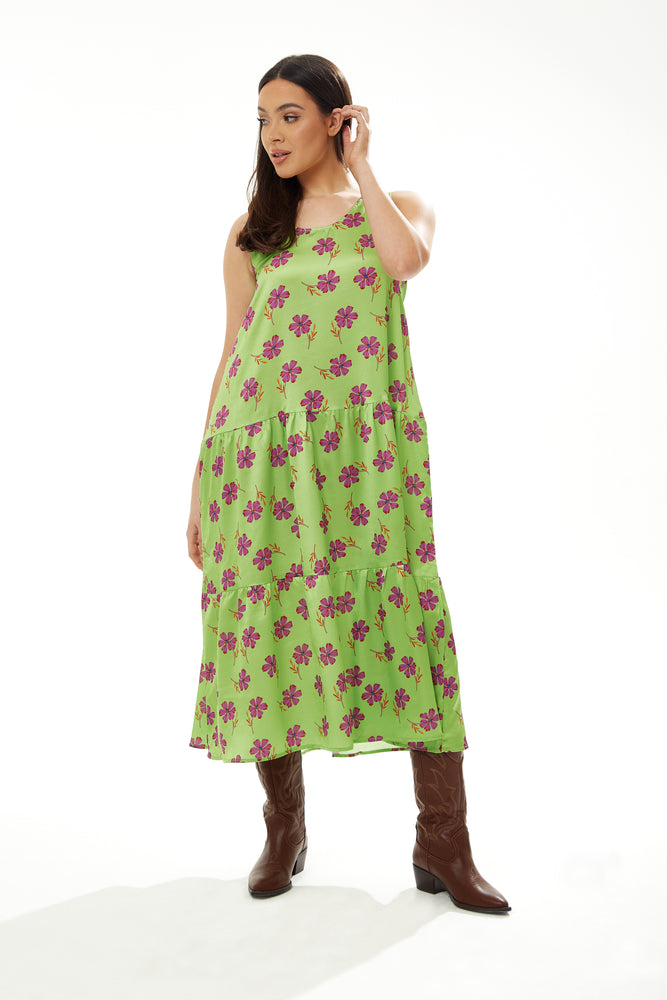 Liquorish A-Line Maxi  Dress In Green Floral Print
