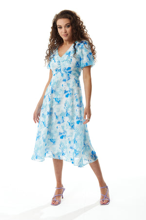 Liquorish Blue Floral Midi Dress with Short Sleeves