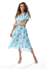 Liquorish Blue Floral Midi Dress with Short Sleeves