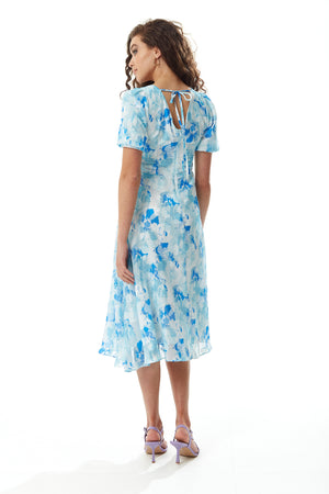 Liquorish Blue Floral Midi Dress with Short Sleeves