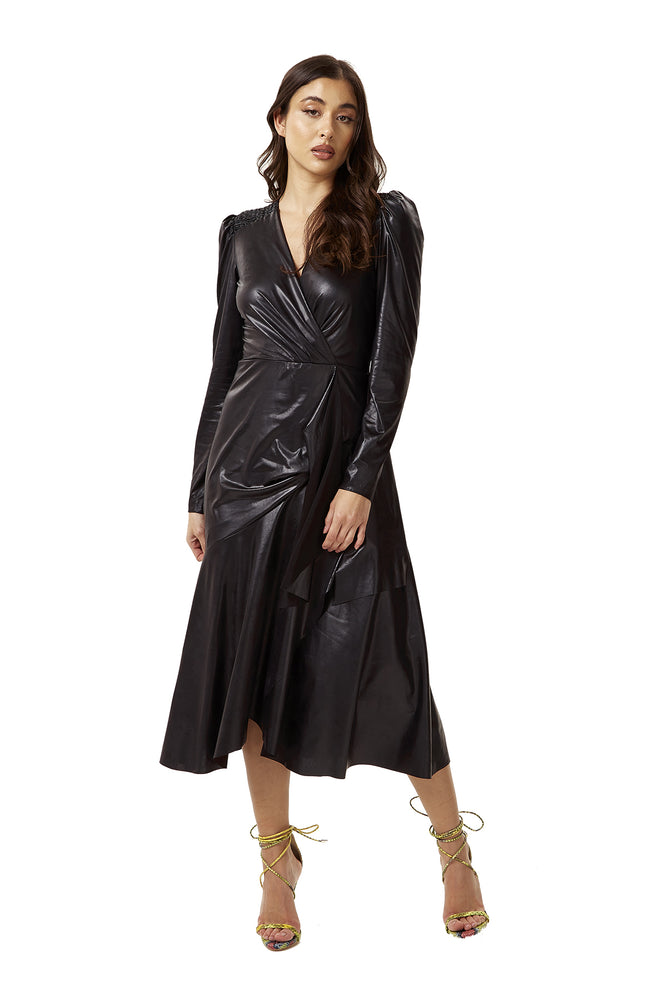 PU Wrap Midi Dress in Black with Long Sleeves
