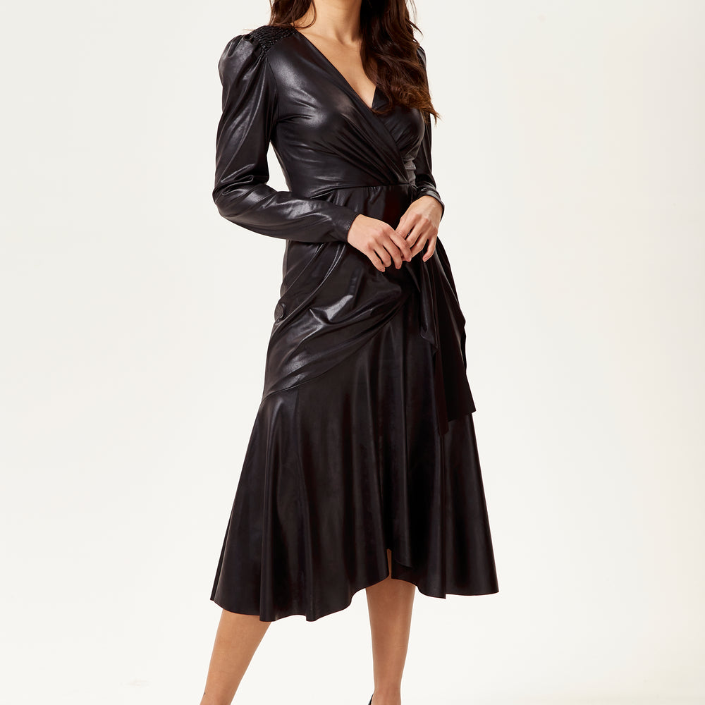 
                  
                    PU Wrap Midi Dress in Black with Long Sleeves
                  
                