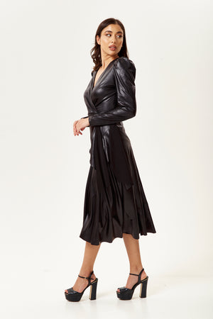 PU Wrap Midi Dress in Black with Long Sleeves