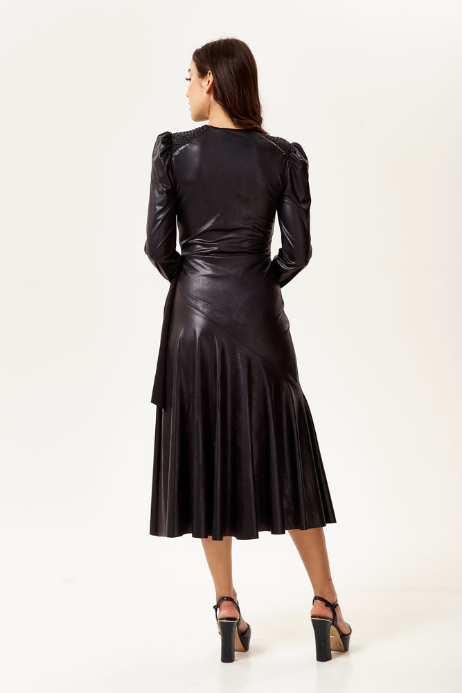 PU Wrap Midi Dress in Black with Long Sleeves