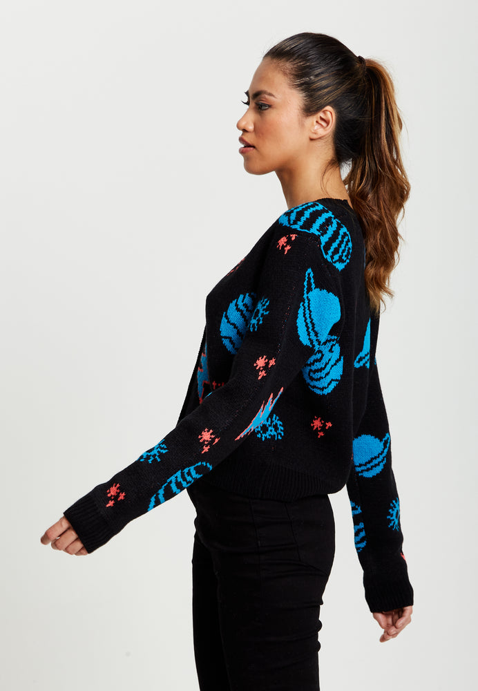 Liquorish Cosmic Pattern Cropped Cardigan In Black