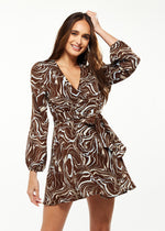Liquorish Scribble Print Mini Wrap Dress with Long sleeves in Brown