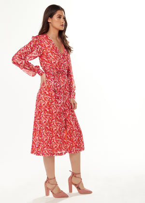 Liquorish Floral & Foil Print Midi Dress In Red