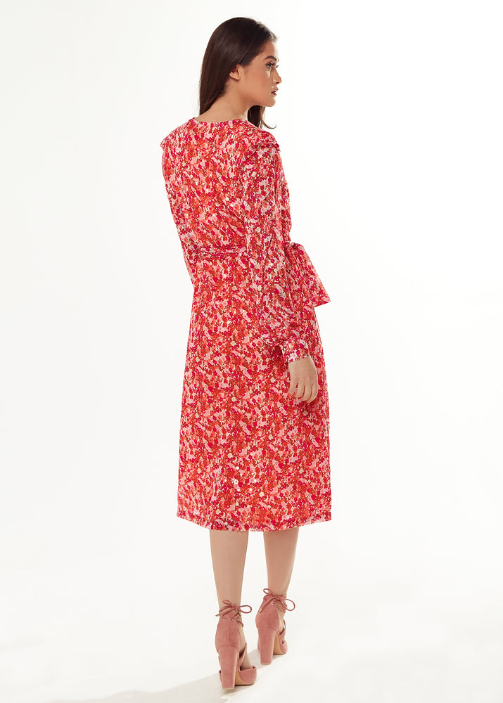 Liquorish Floral & Foil Print Midi Dress In Red