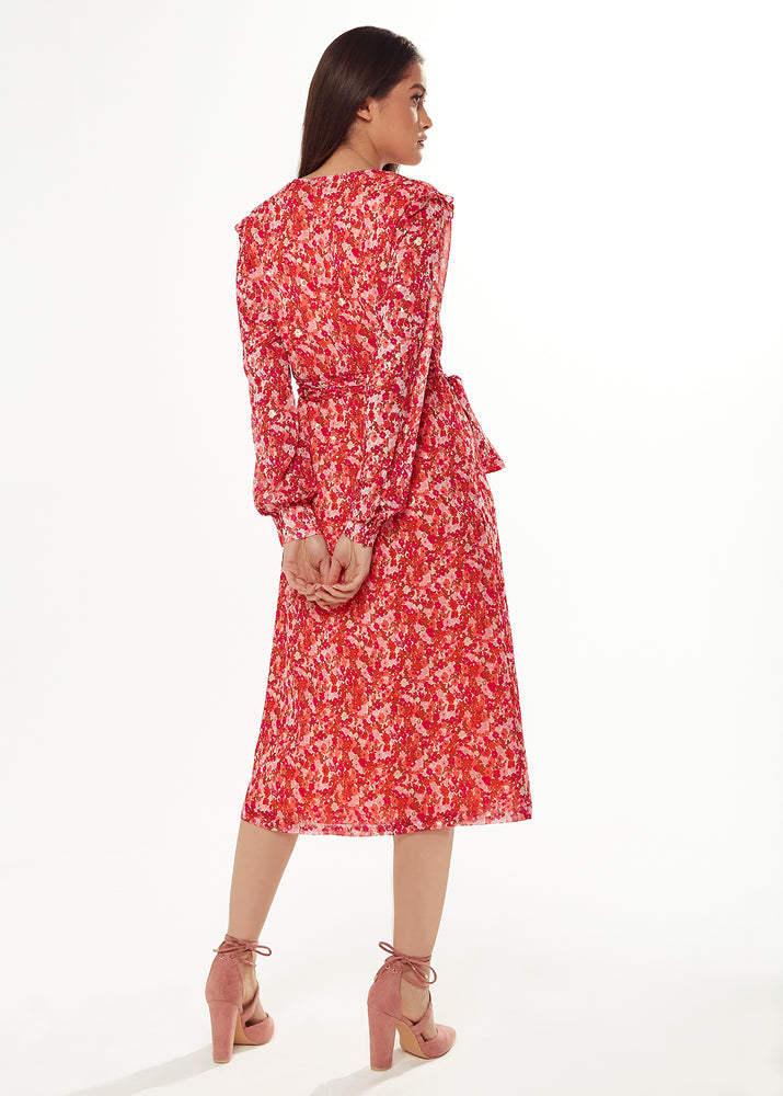 Liquorish Floral & Foil Print Midi Dress In Red
