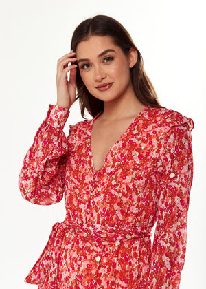 Liquorish Floral & Foil Print Midi Dress In Red
