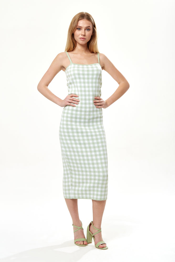 Liquorish Knitted Dress in Green and White Check