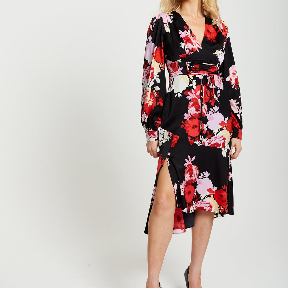 
                  
                    Liquorish Rose Print Midi Lace Up Dress In Red And Pink
                  
                