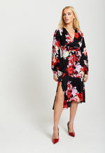 Liquorish Rose Print Midi Lace Up Dress In Red And Pink