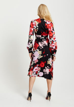 Liquorish Rose Print Midi Lace Up Dress In Red And Pink