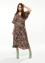 Liquorish Scribble Print Maxi Wrap Dress With Kimono Sleeves In Brown