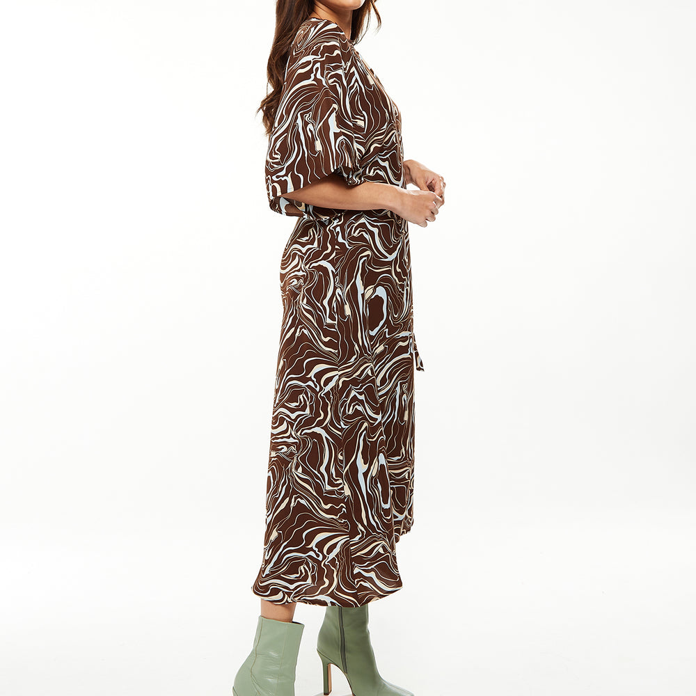 
                  
                    Liquorish Scribble Print Maxi Wrap Dress With Kimono Sleeves In Brown
                  
                