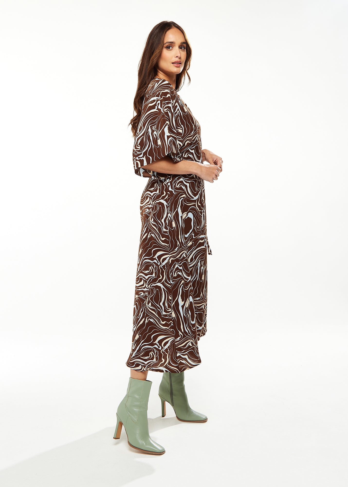 
                  
                    Liquorish Scribble Print Maxi Wrap Dress With Kimono Sleeves In Brown
                  
                