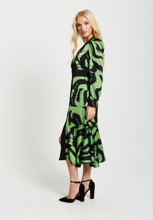 Liquorish Zebra Print Midi Dress With Front Slit And Long Sleeves