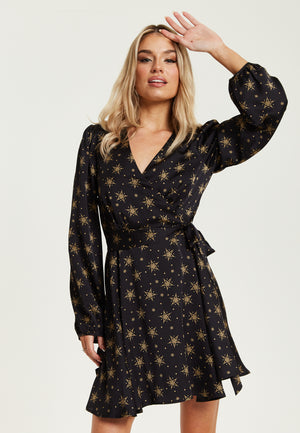 Liquorish Gold Star And Polka Dot Print Mini Wrap Dress With Long Sleeves In Black